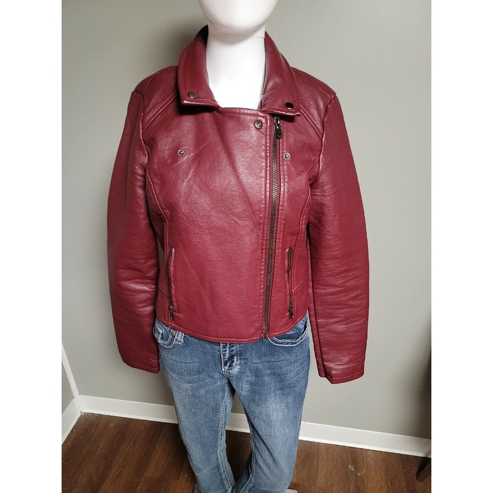 Ashley Premium Red Faux Leather Motorcycle Jacket Junior Size M READ
